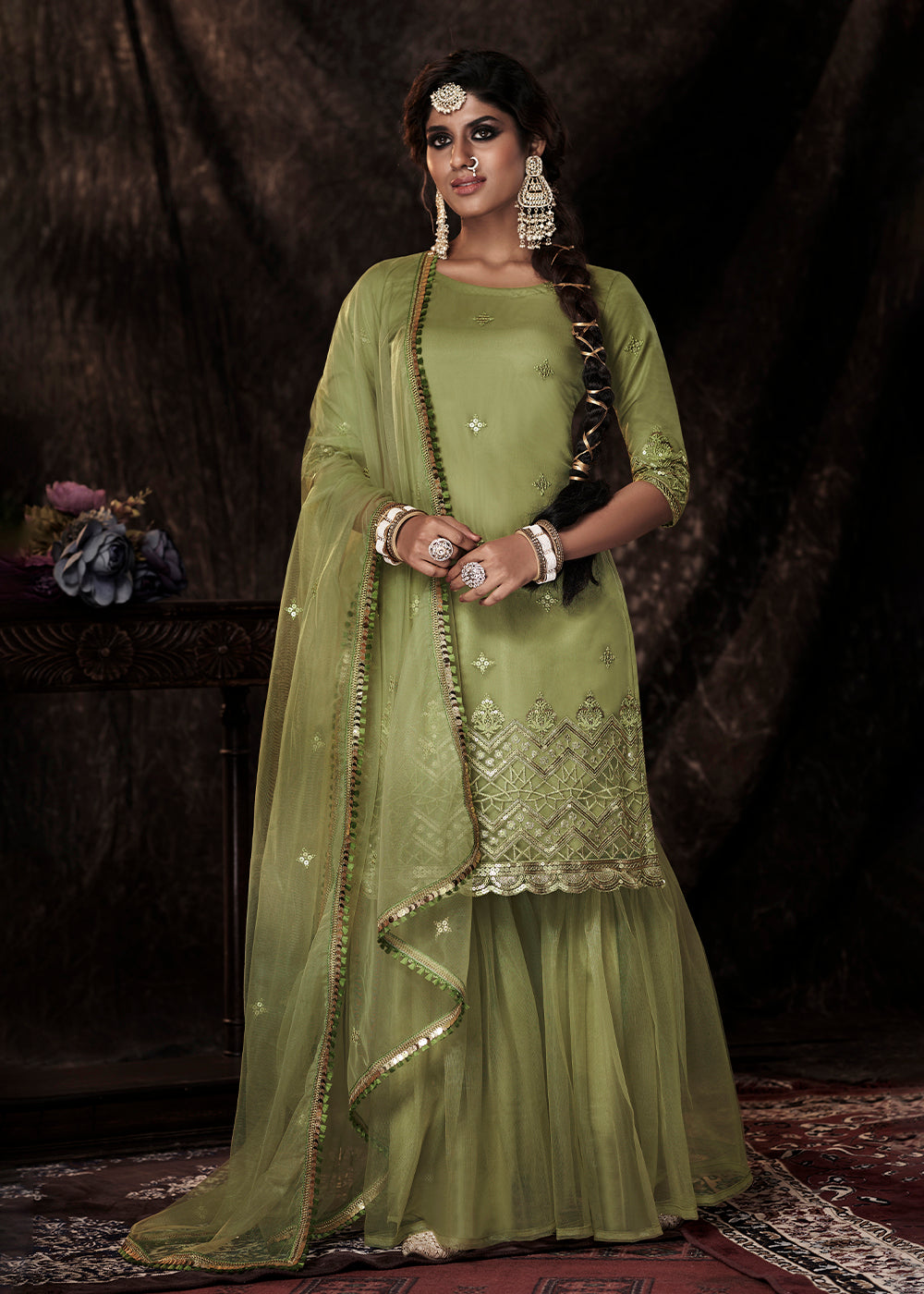 Pistachio Green Designer Soft Net Sharara Suit with Sequin work
