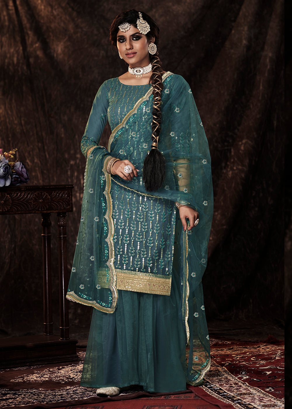 Cyprus Green Designer Soft Net Sharara Suit with Sequin work