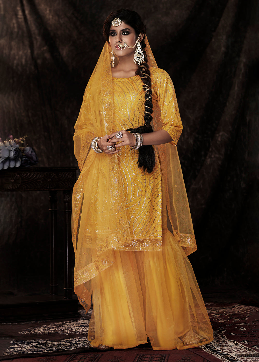 Golden Yellow Designer Soft Net Sharara Suit with Sequin work
