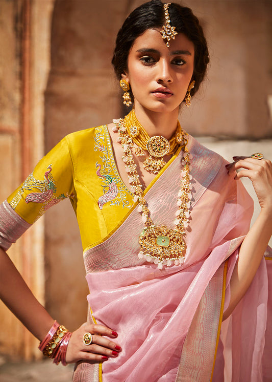Baby Pink Woven Silk Saree with Embroidered Blouse: Top Pick