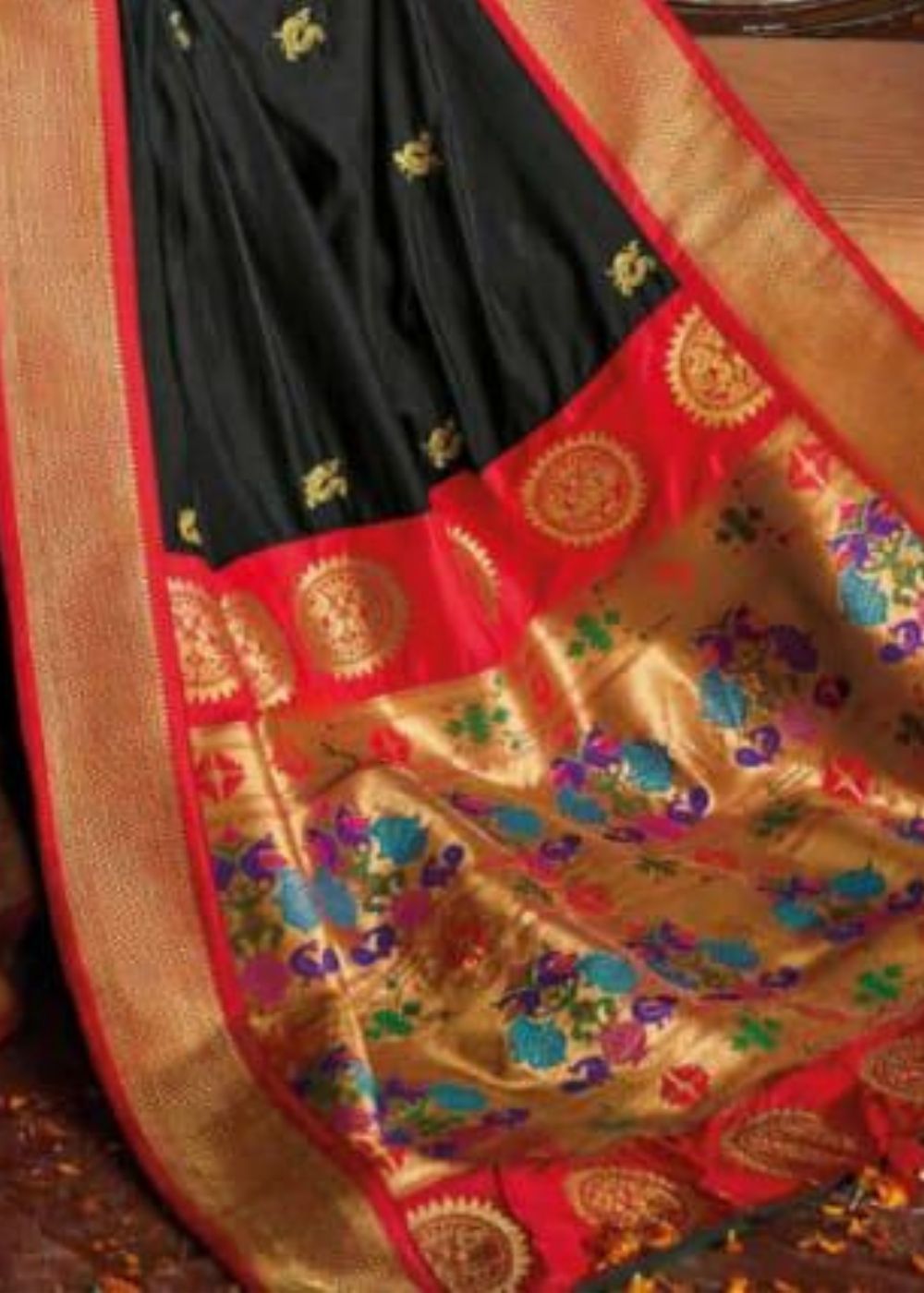 Midnight Black Gold Zari Woven Paithani Silk Saree with Designer Blouse