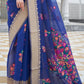 Lapis Blue Floral Embroidered Linen Silk Saree