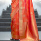 Coral Orange Woven Banarasi Silk Saree with overall Butti