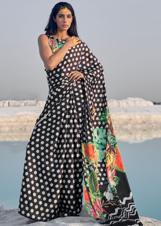 Black and White Polka Dots Digital Printed Crepe Silk Saree: Top Pick