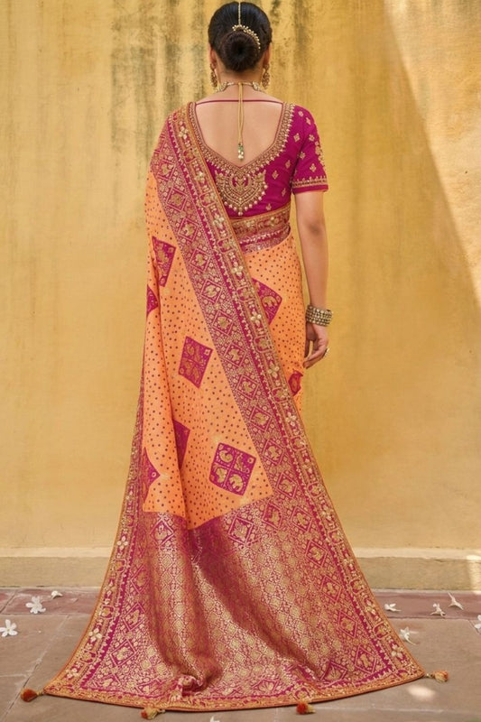 Orange Purple Designer Dola Silk Saree with Embroidered Weaving Border