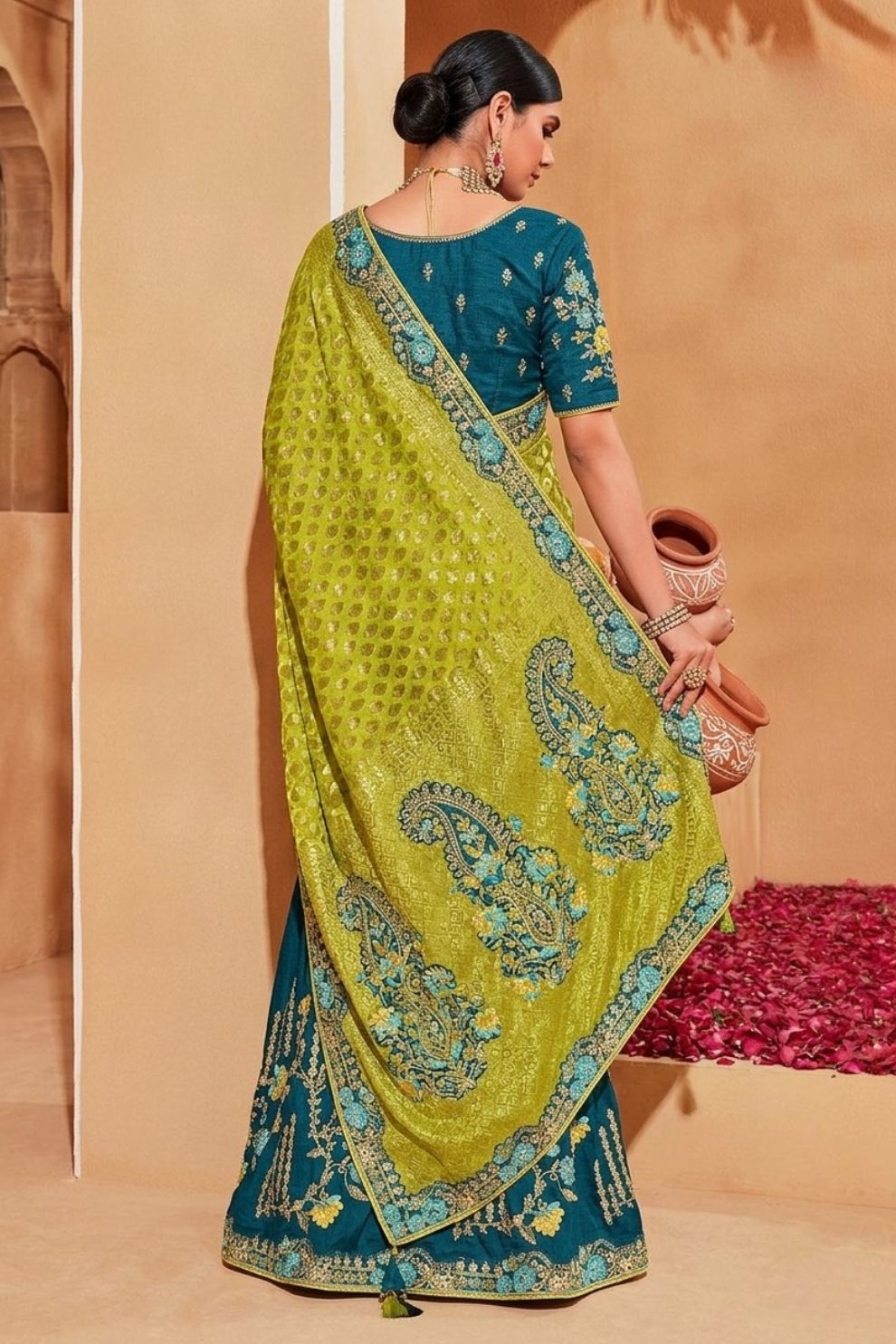 Olive Teal Silk Half N Half Saree Elegant Designer Party Wear