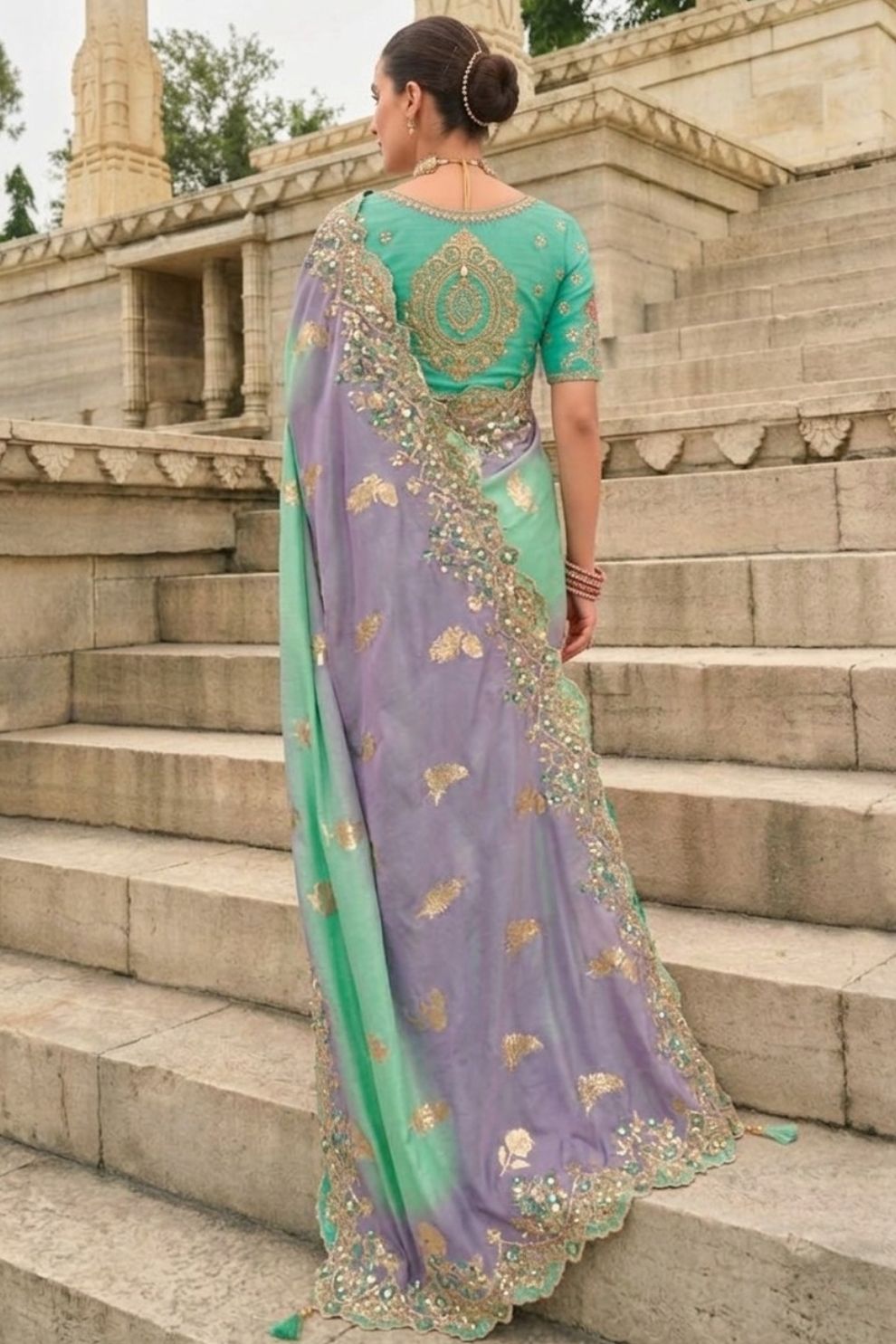 Sea Green Lavender Designer Dola Silk Saree Elegant Party Wear Look