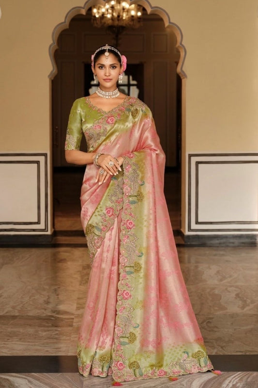 Pastel Pink Olive Green Pure Viscose Jacquard Saree Elegant Festive Wear