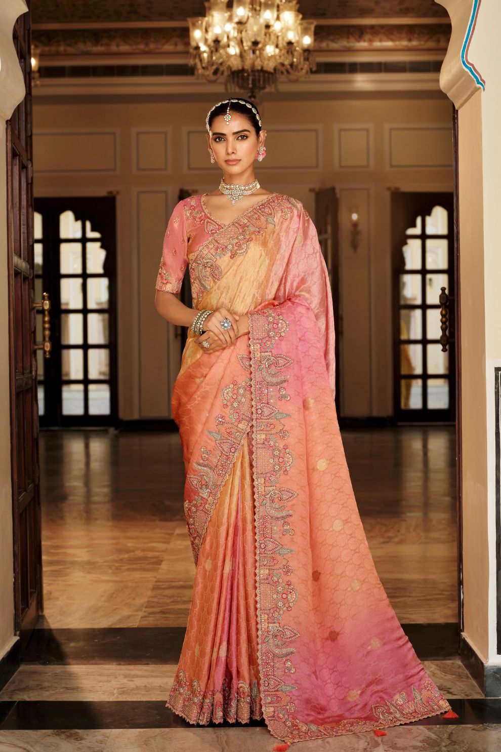 Peach Pink Coral Shaded Silk Blend Saree Elegant Festive Party Wear