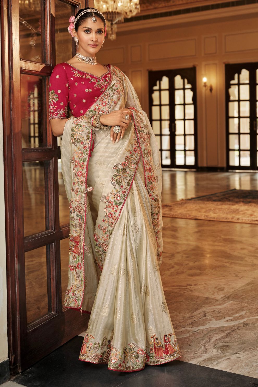 Cream Tissue Satin Saree with Rani Pink Embroidered Silk Blouse