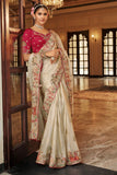 Cream Tissue Satin Saree with Rani Pink Embroidered Silk Blouse