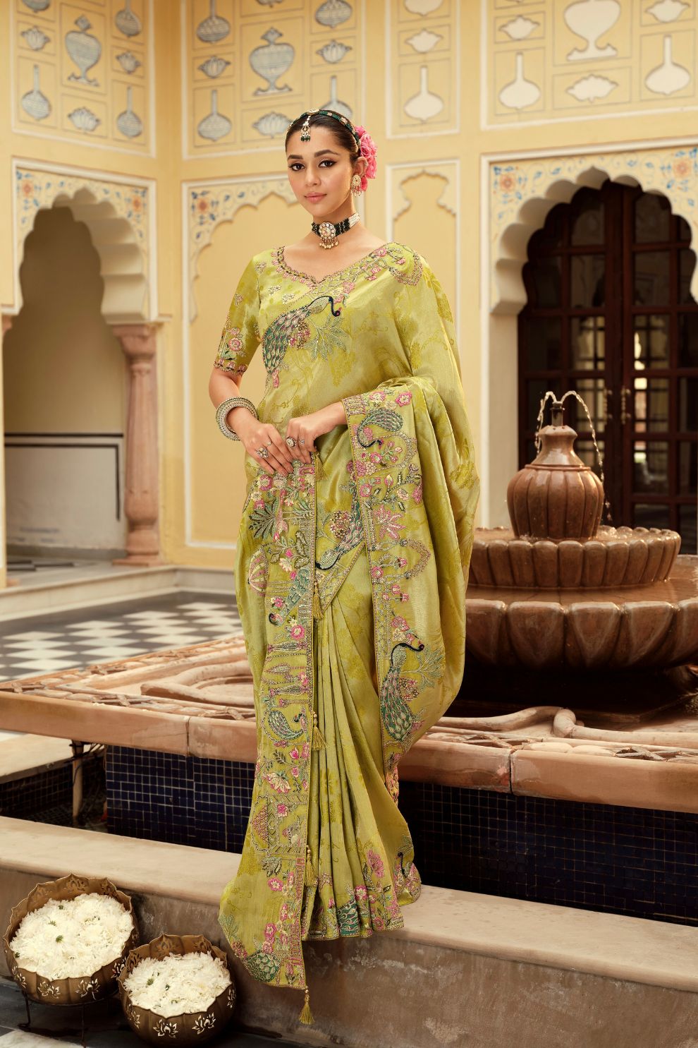Pistachio Green Soft Silk Saree with Peacock Motif Handwork Elegant