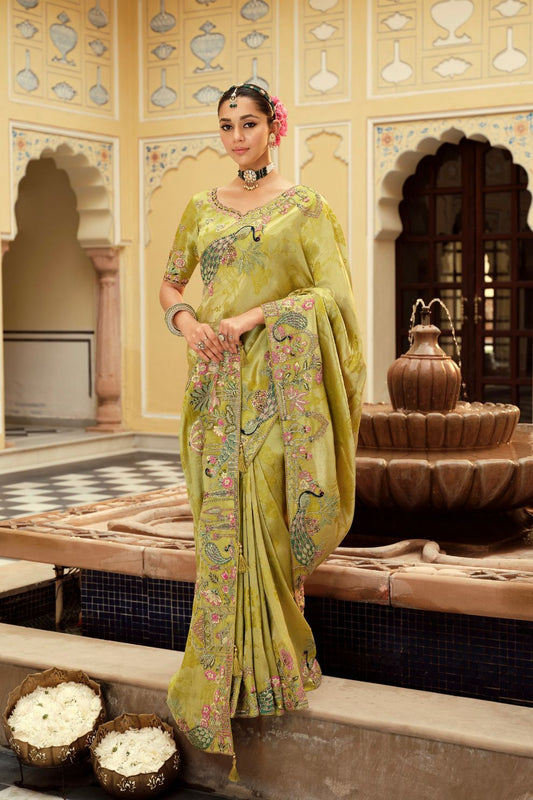 Pistachio Green Soft Silk Saree with Peacock Motif Handwork Elegant