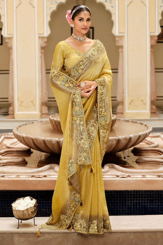 Golden Yellow Tissue Silk Saree with Intricate Embroidered Border