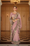 Dusty Rose Pink Sage Green Shaded Silk Saree Elegant Festive Party Wear