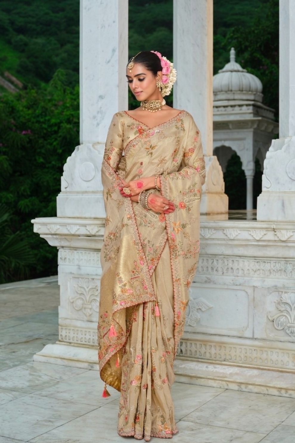Golden Beige Tissue Zari Saree with Floral Resham Khatli Work Elegant