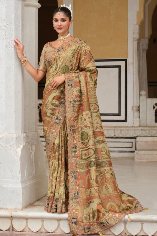 Beige Heritage Motif Designer Saree Elegant Festive Wedding Party Wear