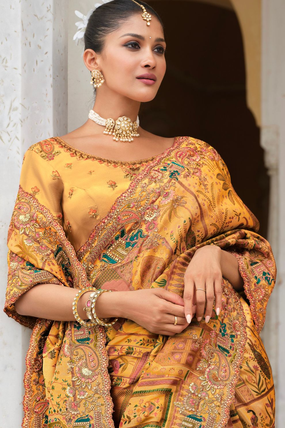Mustard Yellow Heritage Motif Silk Saree Elegant Festive Wedding Wear