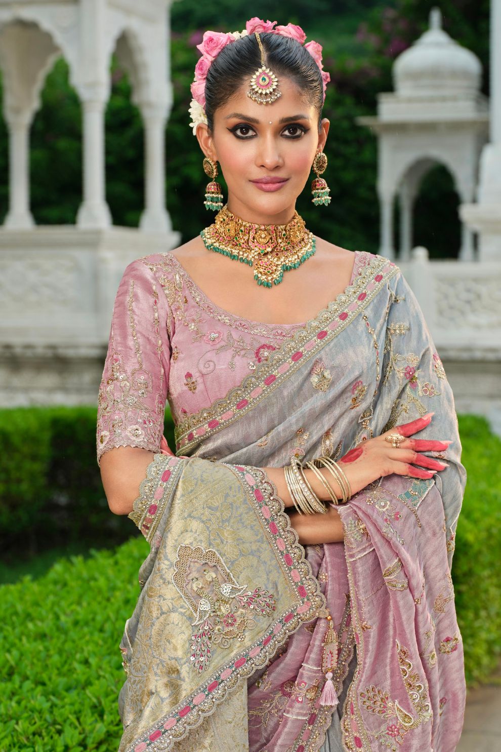 Lavender Grey Shaded Silk Saree with Khatli Resham Embroidery Elegant