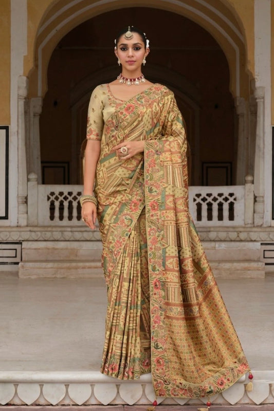 Beige Multi Color Heritage Motif Silk Saree Elegant Festive Wear Look