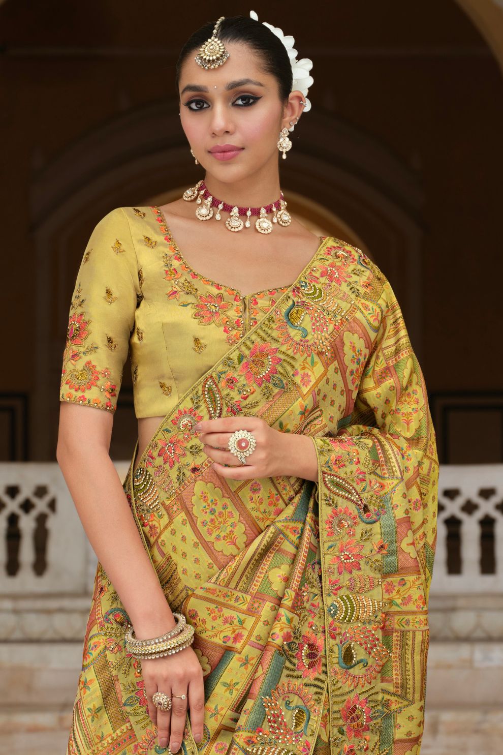 Mustard Yellow Heritage Motif Silk Saree Elegant Festive Wedding Wear