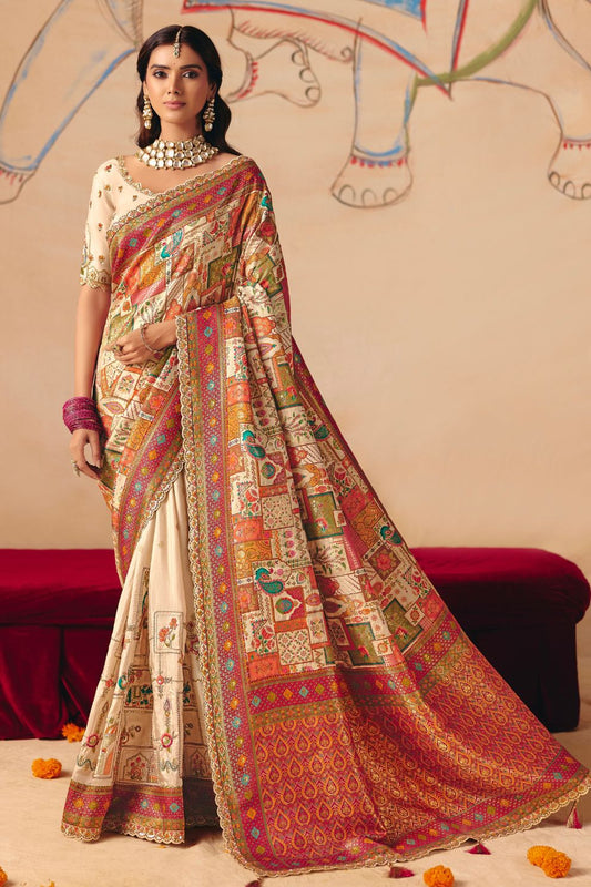 Ivory Dola Silk Saree with Madhubani Prints Heavy Zari Embroidery Elegant