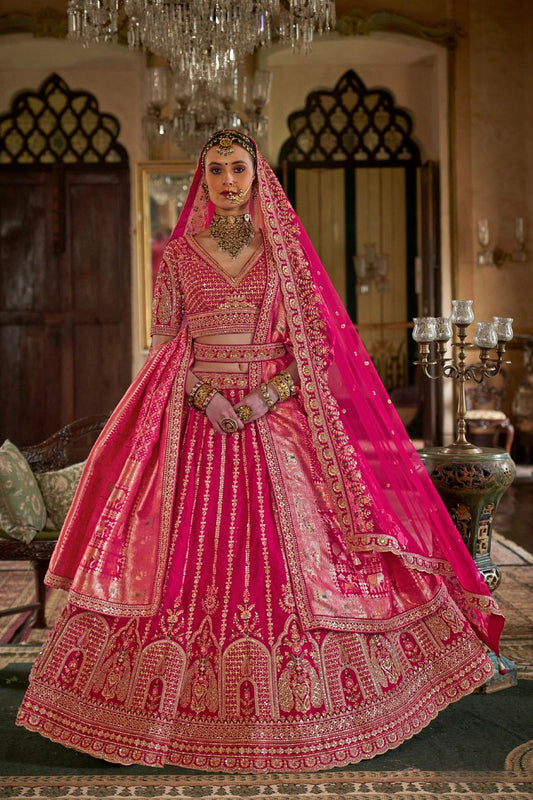 Rani Pink Silk Bridal Lehenga with Double Dupatta Heritage Zari Work