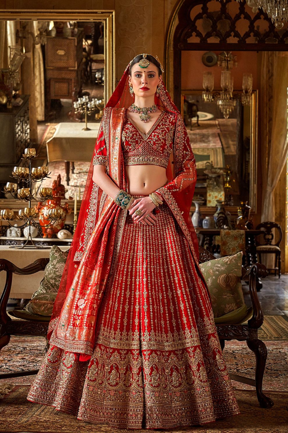 Crimson Red Silk Bridal Lehenga Vertical Zari Striper Work Elegant
