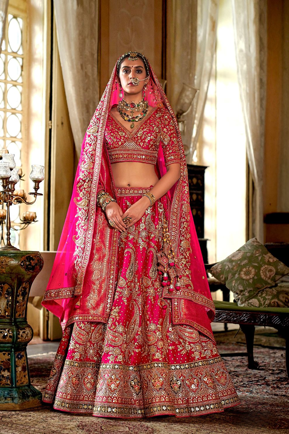 Rosewood Pink Silk Bridal Lehenga Golden Paisley Zardozi Embroidery
