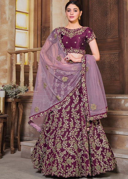 Wine Purple Silk Lehenga Choli with Sequins & Resham Embroidery