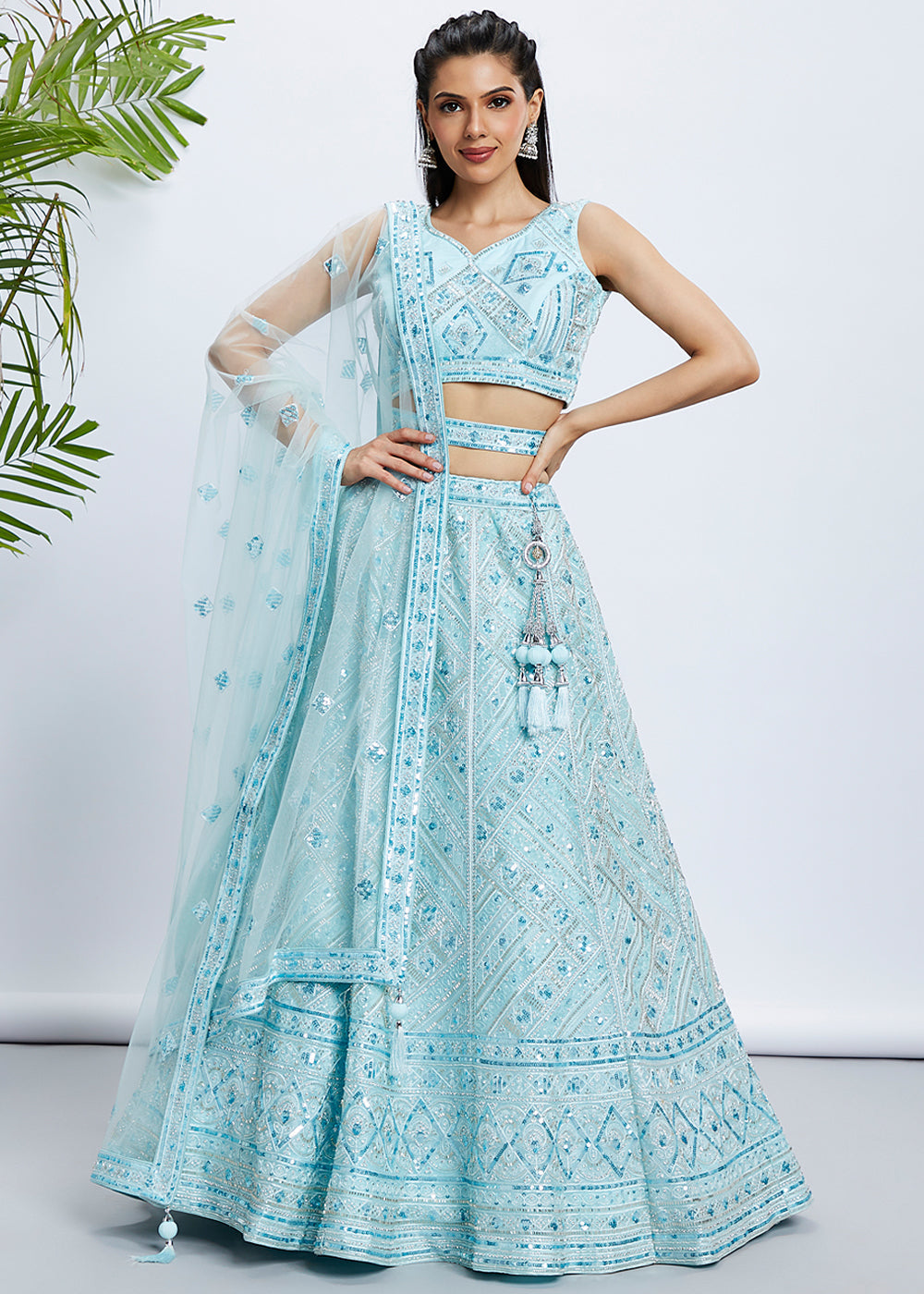 Baby Blue Net Lehenga Choli with Cut-Dana, Sequins & Zarkan Embroidery work