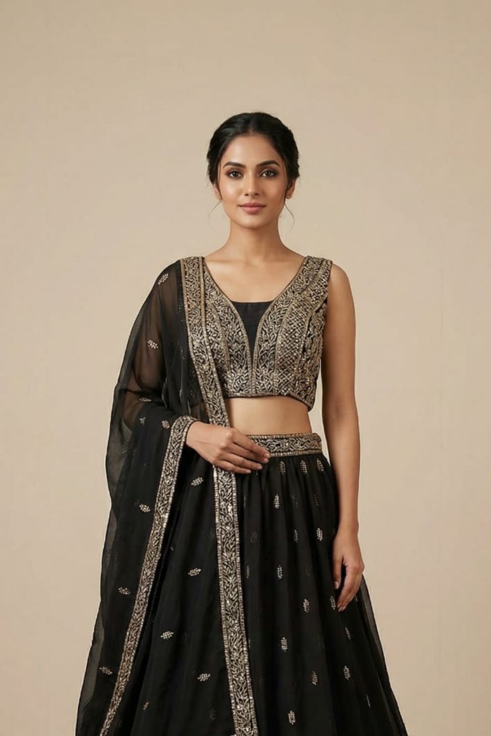 Black Georgette Embroidered Lehenga Set with Zari and Sequin Work