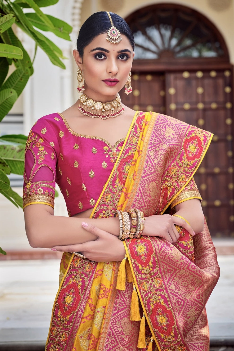 Yellow Pink Zari Work Banarasi Silk Saree for Wedding & Festive Wear Look