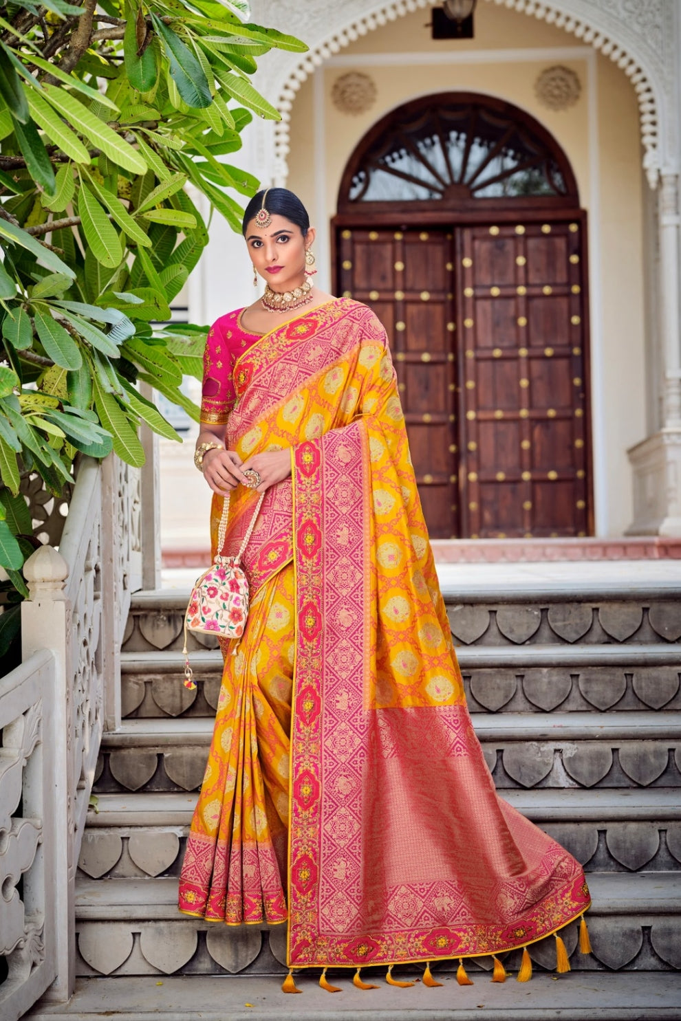 Yellow Pink Zari Work Banarasi Silk Saree for Wedding & Festive Wear Look