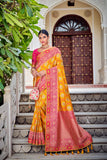 Yellow Pink Zari Work Banarasi Silk Saree for Wedding & Festive Wear Look