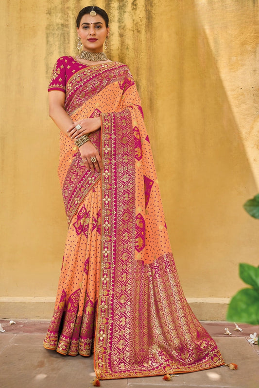Orange Purple Designer Dola Silk Saree with Embroidered Weaving Border