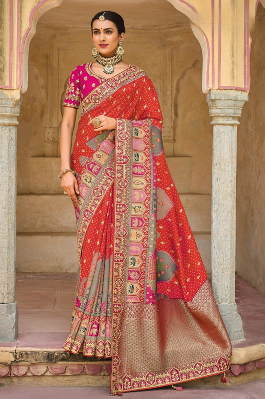 Imperial Red Designer Dola Silk Saree with Embroidered Weaving Border