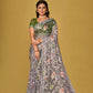 Grey Floral Organza Brasso Saree with Olive Green Silk Blouse Elegant
