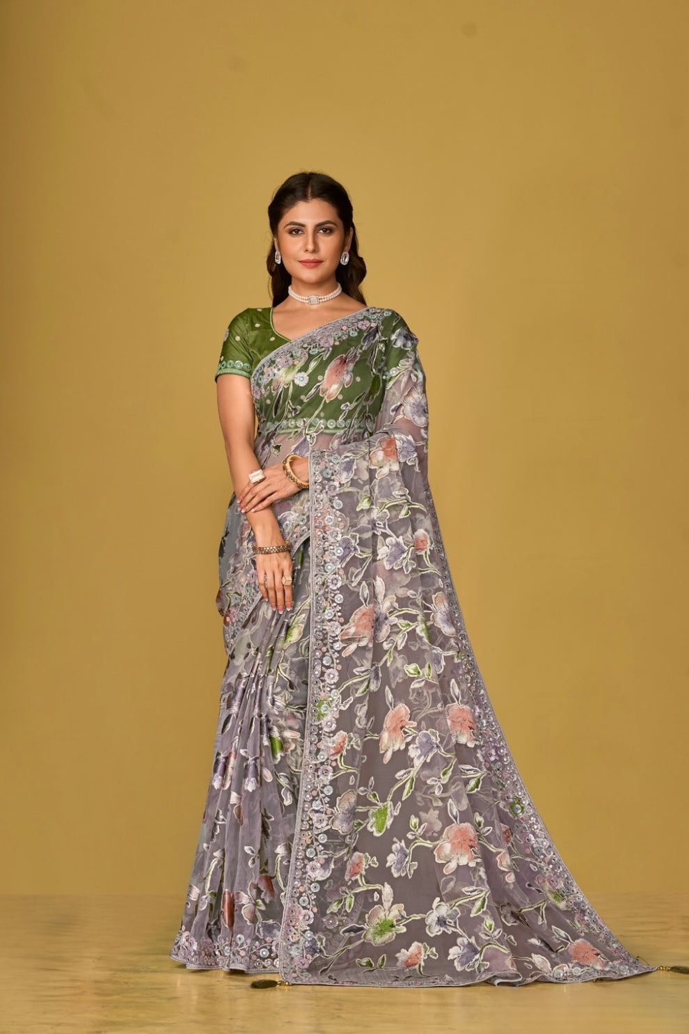 Grey Floral Organza Brasso Saree with Olive Green Silk Blouse Elegant