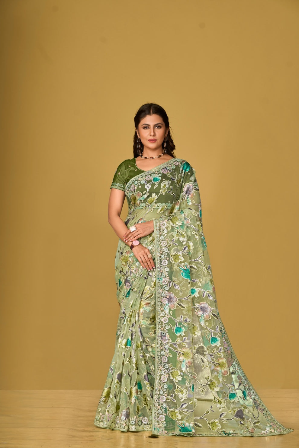 Light Green Floral Organza Brasso Saree Elegant Festive Party Wear Look