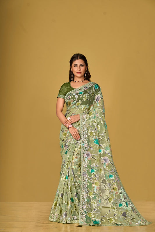 Light Green Floral Organza Brasso Saree Elegant Festive Party Wear Look