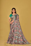 Light Green Floral Organza Brasso Saree with Olive Green Embroidered Blouse