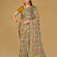 Mustard Olive Floral Organza Brasso Saree Elegant Festive Party Wear
