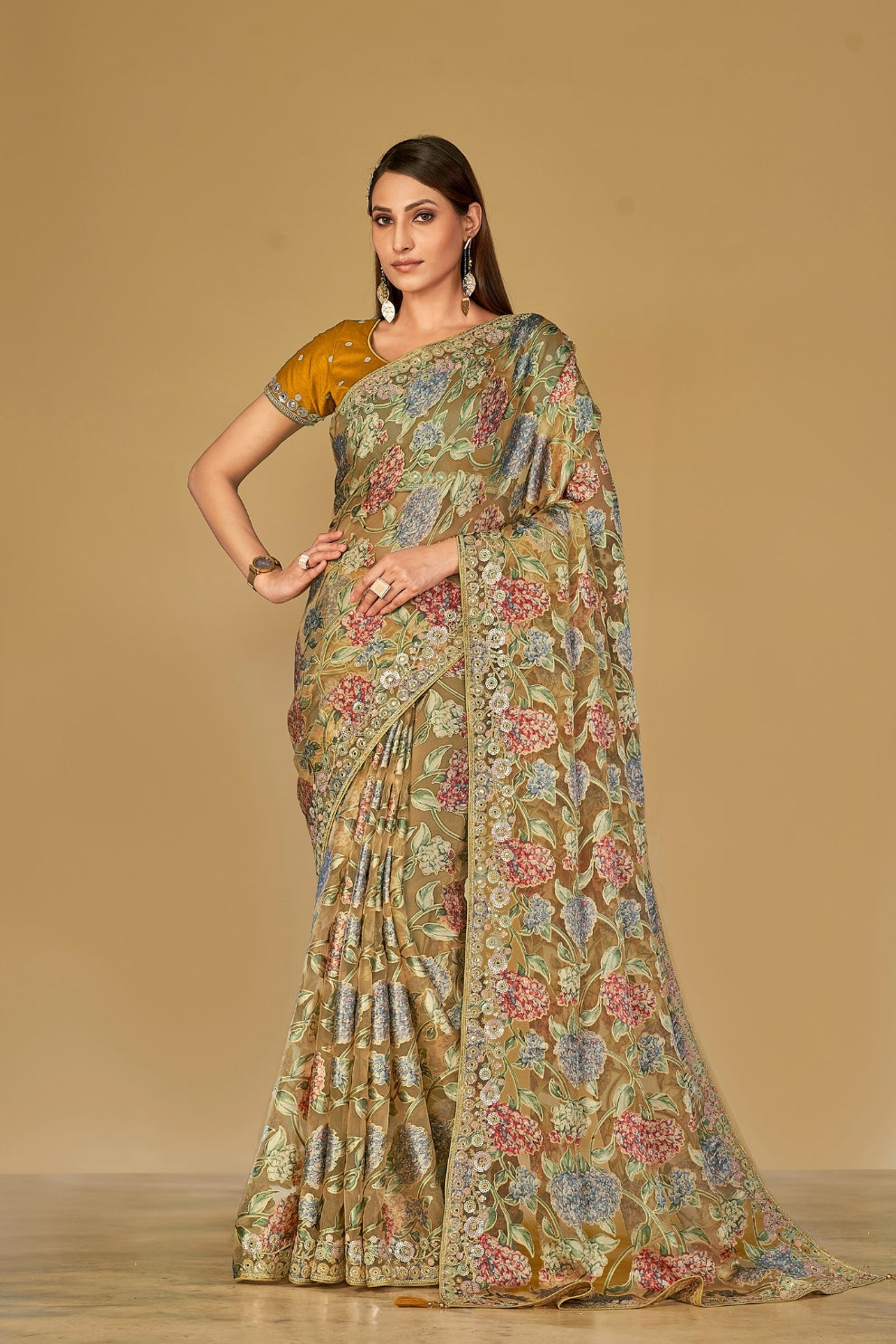 Mustard Olive Floral Organza Brasso Saree Elegant Festive Party Wear