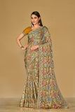 Mustard Olive Floral Organza Brasso Saree Elegant Festive Party Wear