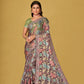 Grey Silk Organza Brasso Printed Saree Elegant Festive Party Wear Look
