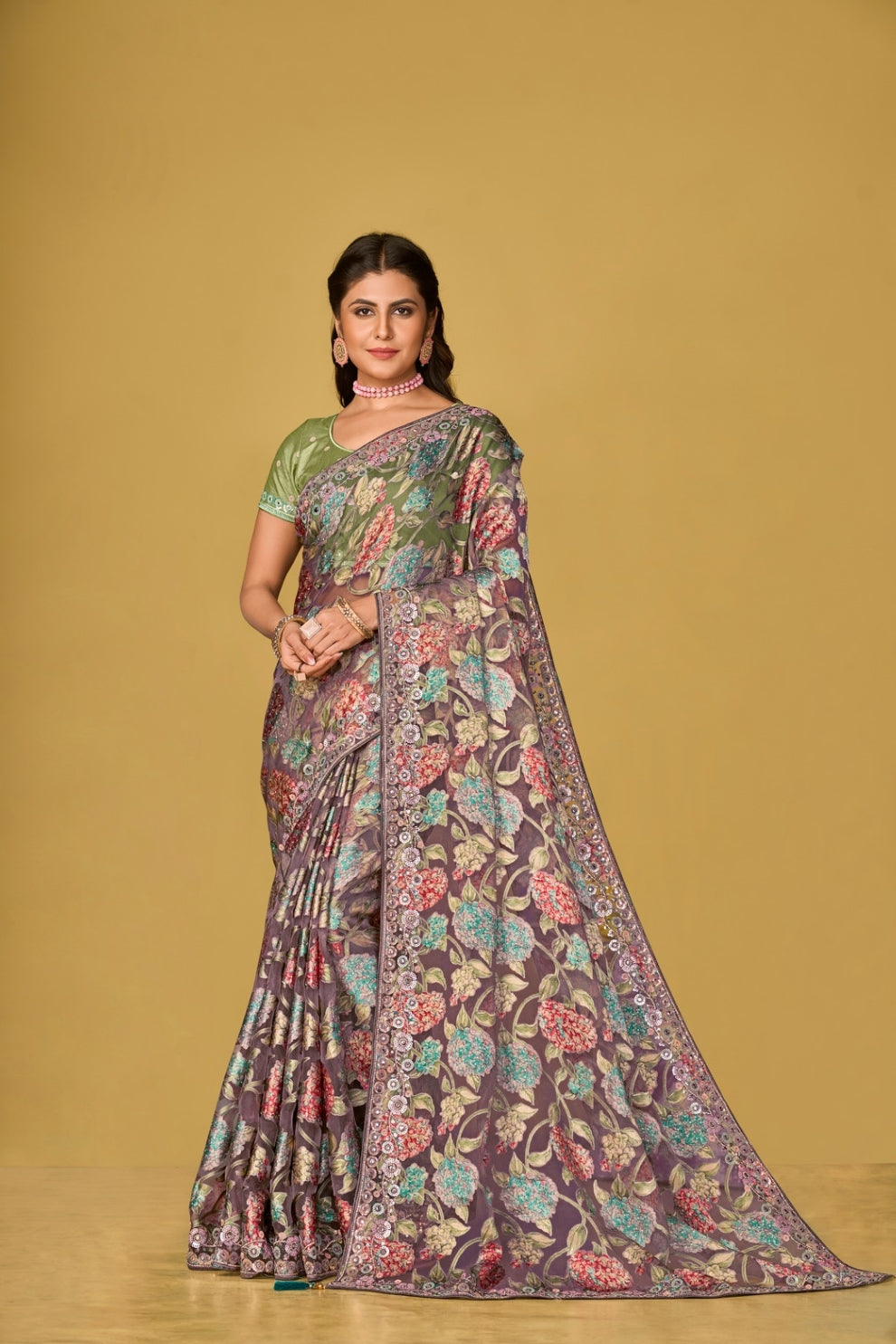 Grey Silk Organza Brasso Printed Saree Elegant Festive Party Wear Look