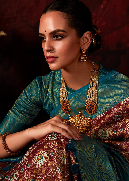 Blue & Brown Patola Printed Silk Saree with Contrast Blouse