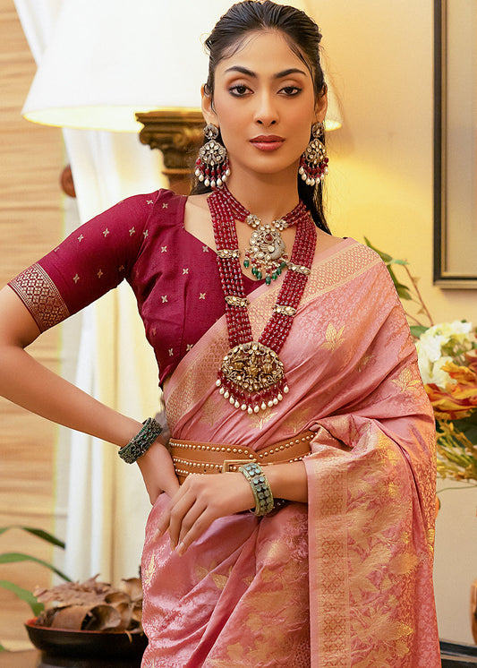Ballerina Pink Woven Satin Silk Saree