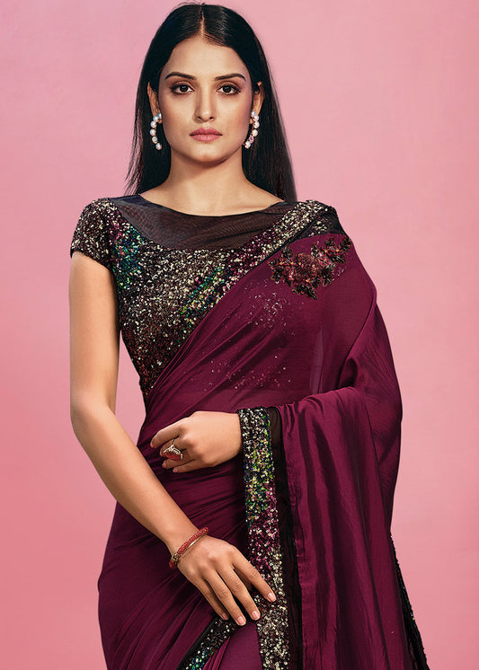 Mulberry Purple Georgette Silk Saree with Sequins Embroidery & Handwork Butta